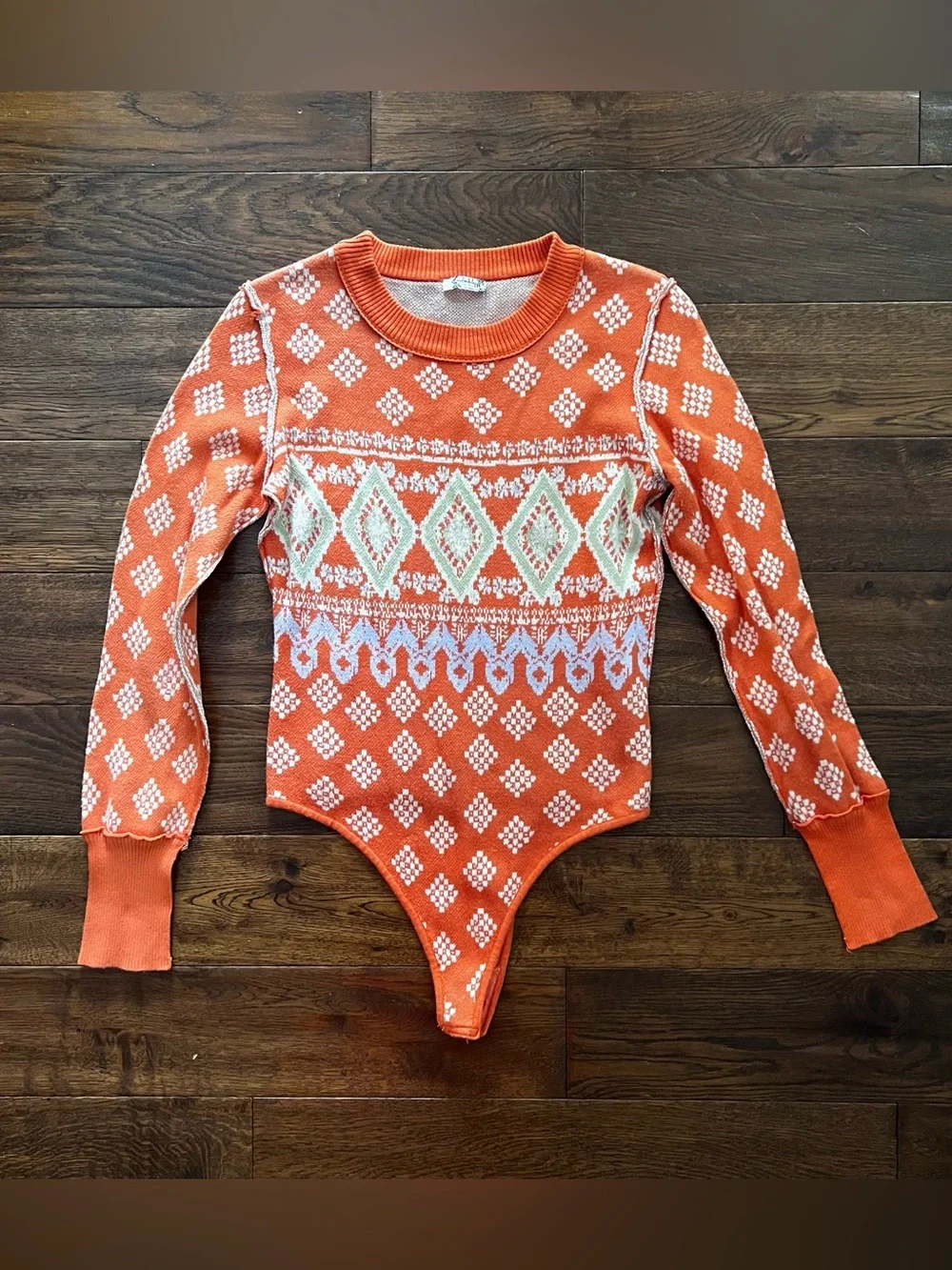 Free People Snow Dancer Orange Patterned Knit Bodysuit Size M